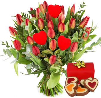 Rode liefdes tulpen + hartjes chocolade