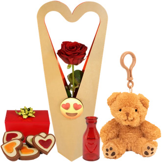 Rode roos in sierlijke doos ..... en knuffel sleutelhanger