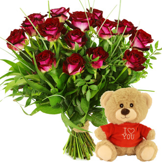 Rode rozen bezorgen + kleine knuffel i love you met rood shirt