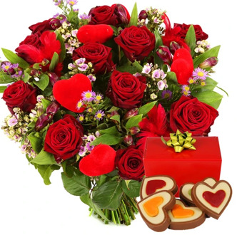Rode rozen en bloemen + hartjes chocolade hartjes