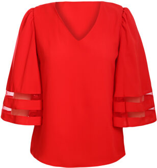 Rode V-hals Blouse met 3/4 Mouwen en Netinzet Rood