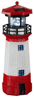 Rode/witte vuurtoren beeldje met solar licht - H28 cm - maritieme tuin decoratie - Stijl maritiem Multi