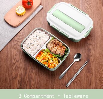 Roestvrij Staal Thermische Lunchbox containers met Compartimenten Lekvrij Bento Box Met Servies Voedsel Container Doos 3 rooster groen