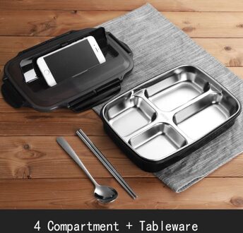 Roestvrij Staal Thermische Lunchbox containers met Compartimenten Lekvrij Bento Box Met Servies Voedsel Container Doos 4 rooster zwart