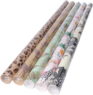 Rollen inpakpapier/cadeaupapier - 5x stuks - feest/verjaardag - 200 x 70 cm - papier - safari prints - Cadeaupapier