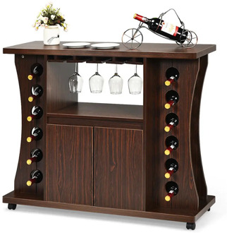 Rolling Buffet Sideboard Wooden Bar Storage Cabinet w/ Wine Rack & Glass Holder HW64113BN