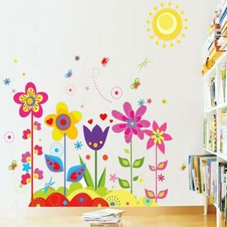 Romantische Cartoon Kleurrijke Zon Bloemen Vlinder Kinderkamer Muur Sticker Verwijderbare Kids Vinyl Art Home Decor Mural Pvc Decal
