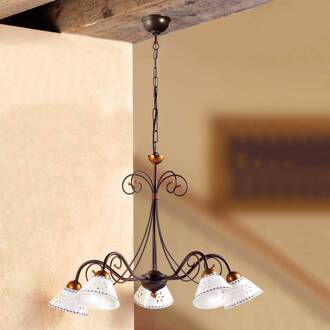 Romantische hanglamp LIBERTY, 5-lichts wit, brons, blauw