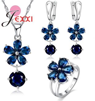 Romantische Stijl Bloemvorm Blue Cz Steen 925 Sterling Zilveren Sieraden Luxe Sets Voor Vrouw Wedding 3 Pcs set