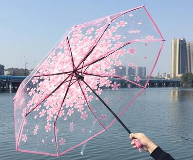 Romantische Transparant Clear Bloemen Bubble Koepel Paraplu Half Automatische Voor Wind Zware Regen Vrouwen Parasol roze 60cm