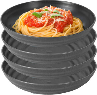 Rond bord/camping - 4x - diep bord - D19 cm - zwart - kunststof - onbreekbaar servies