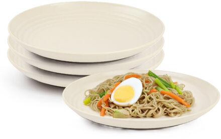 Rond bord/camping bord - 4x - D20 cm - creme wit - kunststof - onbreekbaar - servies