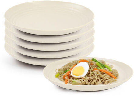 Rond bord/camping bord - 6x - D20 cm - creme wit - kunststof - onbreekbaar - servies