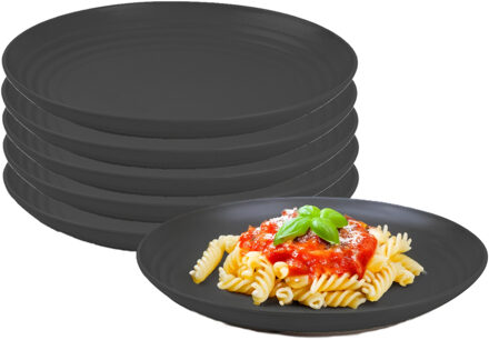 Rond bord/camping bord - 6x - D20 cm - zwart - kunststof - onbreekbaar - servies