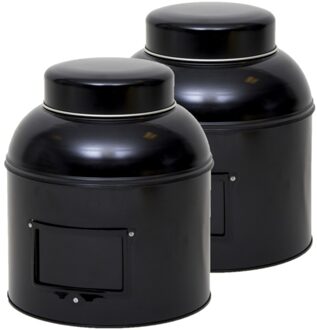 Rond opbergblik/bewaarblik met etikethouder - 2x - zwart - 20 x 24 cm - Voorraadblikken labelhouder