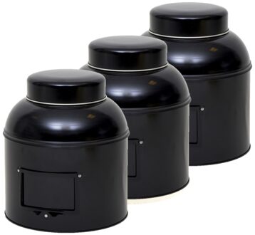 Rond opbergblik/bewaarblik met etikethouder - 3x - zwart - 20 x 24 cm - Voorraadblikken labelhouder