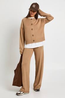 Ronde Hals Gebreide Chunky Cardigan En Broek Met Wijde Pijpen Co-Ord, Taupe