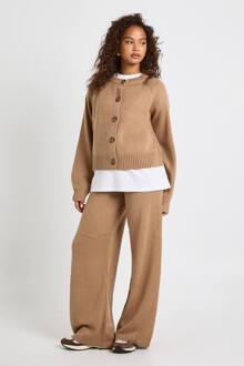 Ronde Hals Gebreide Chunky Cardigan En Wijde Pijpenbroek Co-Ord, Taupe - S