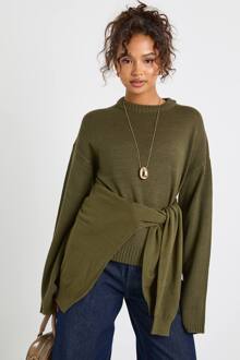 Ronde Hals Gebreide Trui Met Uitlopende Mouwen, Khaki - S