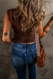 Ronde Hals Korte Mouwen Top - maat L Donker Bruin