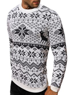 Ronde Hals Trui Kerst Trui Voor Mannen Sneeuwvlok Print Slim Fit Pull Homme Breien Truien Man wit / L