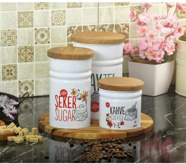 Ronde Houten Staande 3'lü Thee, Suiker En Koffie Set.