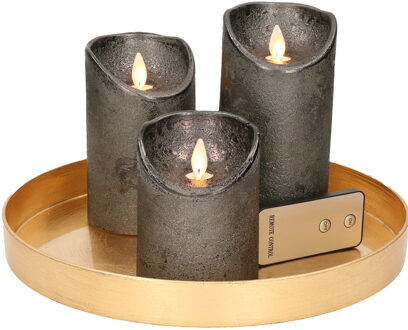 Ronde kaarsenplateau goud van kunststof D27 cm met 3 antraciet grijze LED-kaarsen 10/12,5/15 cm