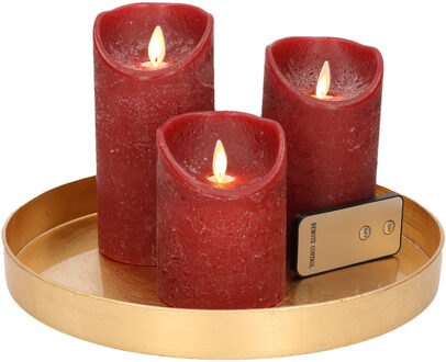 Ronde kaarsenplateau goud van kunststof D27 cm met 3 bordeaux rode LED-kaarsen 10/12,5/15 cm