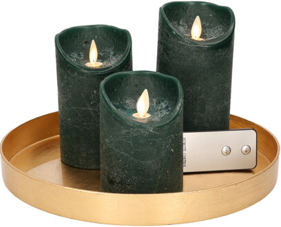 Ronde kaarsenplateau goud van kunststof D27 cm met 3 groene LED-kaarsen 10/12,5/15 cm