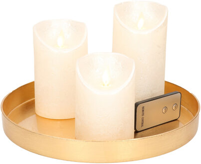 Ronde kaarsenplateau goud van kunststof D27 cm met 3 parel witte LED-kaarsen 10/12,5/15 cm - Kaarsenplateaus