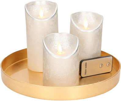 Ronde kaarsenplateau goud van kunststof D27 cm met 3 zilveren LED-kaarsen 10/12,5/15 cm