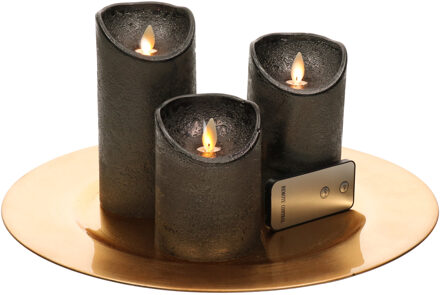 Ronde kaarsenplateau goud van kunststof D33 cm met 3 antraciet grijze LED-kaarsen 10/12,5/15 cm