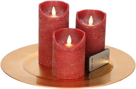 Ronde kaarsenplateau goud van kunststof D33 cm met 3 bordeaux rode LED-kaarsen 10/12,5/15 cm