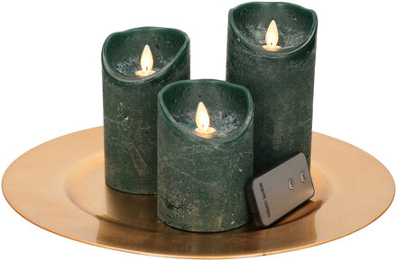 Ronde kaarsenplateau goud van kunststof D33 cm met 3 groene LED-kaarsen 10/12,5/15 cm