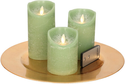 Ronde kaarsenplateau goud van kunststof D33 cm met 3 jade groene LED-kaarsen 10/12,5/15 cm