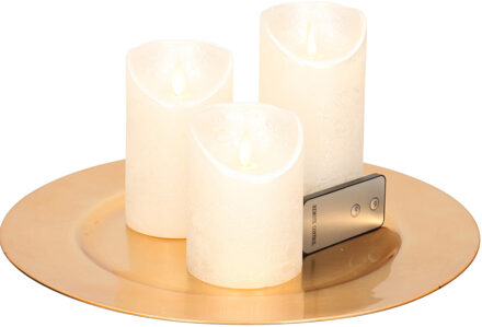 Ronde kaarsenplateau goud van kunststof D33 cm met 3 parel witte LED-kaarsen 10/12,5/15 cm
