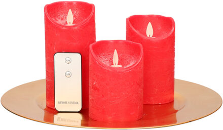 Ronde kaarsenplateau goud van kunststof D33 cm met 3 rode LED-kaarsen 10/12,5/15 cm