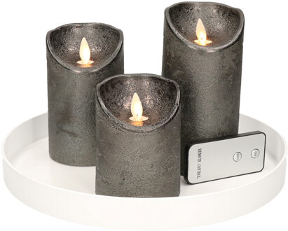 Ronde kaarsenplateau wit van kunststof D27 cm met 3 antraciet grijze LED-kaarsen 10/12,5/15 cm