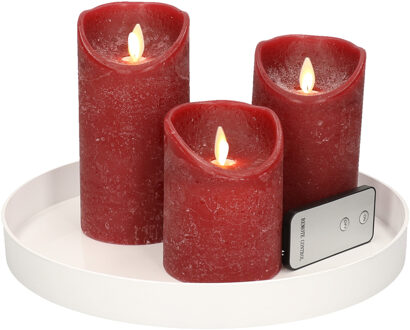 Ronde kaarsenplateau wit van kunststof D27 cm met 3 bordeaux rode LED-kaarsen 10/12,5/15 cm