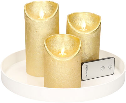Ronde kaarsenplateau wit van kunststof D27 cm met 3 gouden LED-kaarsen 10/12,5/15 cm