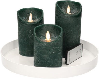 Ronde kaarsenplateau wit van kunststof D27 cm met 3 groene LED-kaarsen 10/12,5/15 cm