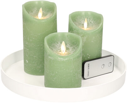 Ronde kaarsenplateau wit van kunststof D27 cm met 3 jade groene LED-kaarsen 10/12,5/15 cm