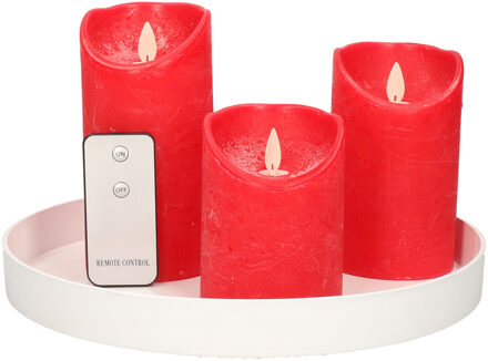 Ronde kaarsenplateau wit van kunststof D27 cm met 3 rode LED-kaarsen 10/12,5/15 cm