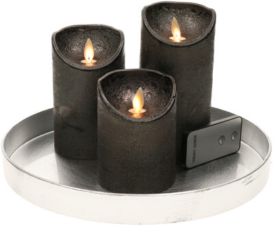 Ronde kaarsenplateau zilver van kunststof D27 cm met 3 antraciet grijze LED-kaarsen 10/12,5/15 cm