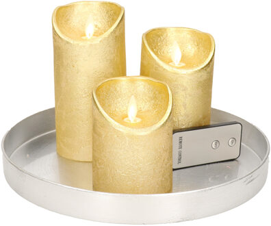 Ronde kaarsenplateau zilver van kunststof D27 cm met 3 gouden LED-kaarsen 10/12,5/15 cm