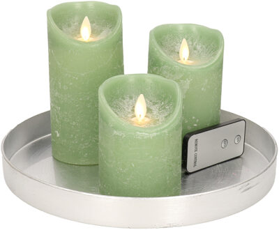 Ronde kaarsenplateau zilver van kunststof D27 cm met 3 jade groene LED-kaarsen 10/12,5/15 cm