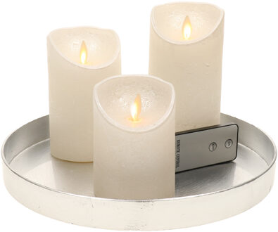Ronde kaarsenplateau zilver van kunststof D27 cm met 3 parel witte LED-kaarsen 10/12,5/15 cm
