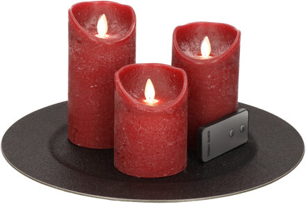 Ronde kaarsenplateau zwart van kunststof D33 cm met 3 bordeaux rode LED-kaarsen 10/12,5/15 cm
