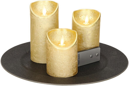 Ronde kaarsenplateau zwart van kunststof D33 cm met 3 gouden LED-kaarsen 10/12,5/15 cm