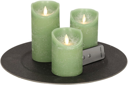 Ronde kaarsenplateau zwart van kunststof D33 cm met 3 jade groene LED-kaarsen 10/12,5/15 cm - Kaarsenplateaus